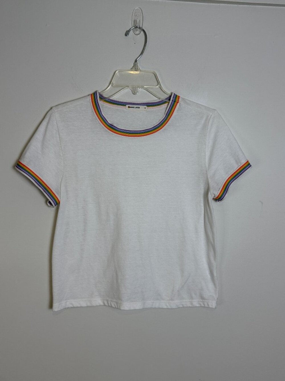 MARINE LAYER Cropped Tee with Rainbow Ringer Trim T-Shirt, White | Sz S